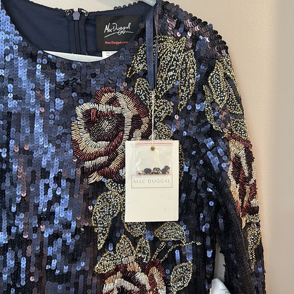 NWT Mac Duggal Sequined Asymmetrical Floral Long Sleeve Midi Dress 93624 - Picture 3 of 8